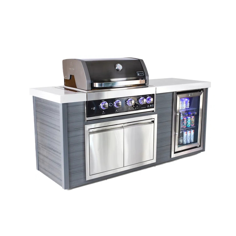 Mont Alpi MA400-AWBSS Artwood Series High Density Polyethylene 4-Burner 63000 BTU Propane Natural Gas Black Stainless Steel Outdoor Kitchen Island Grill + Granite Countertops + Double Access Doors + Refrigerator