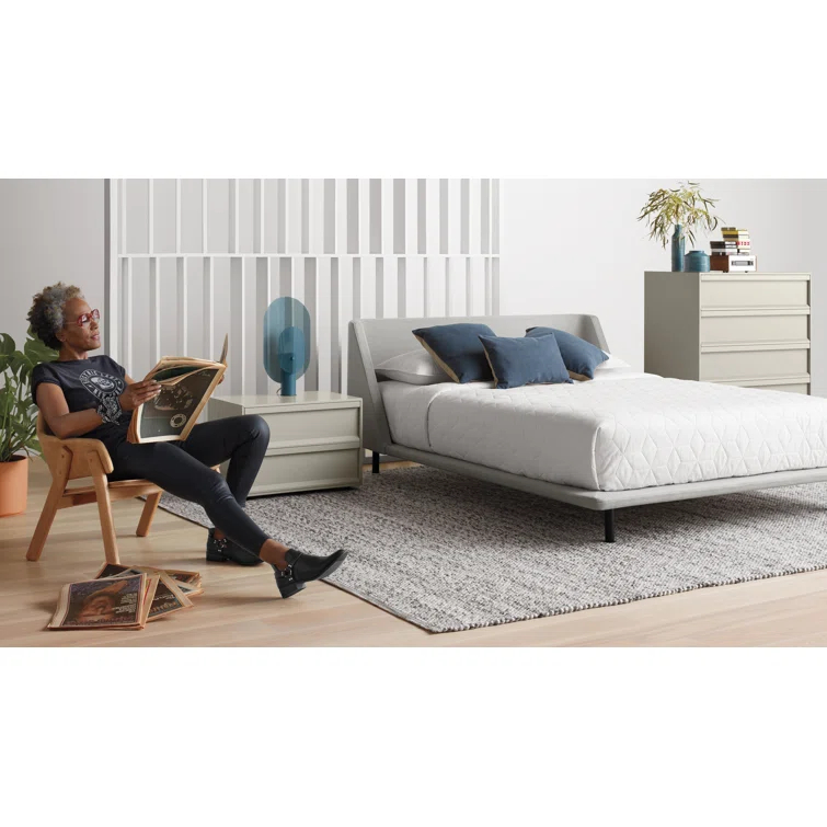 Vesper Light Grey Queen Upholstered Platform Bed with Curved Headboard