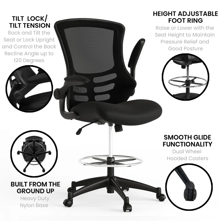 Archimedes Mid-Back Swivel Office Chair with Foot Ring and Flip-Up Arms