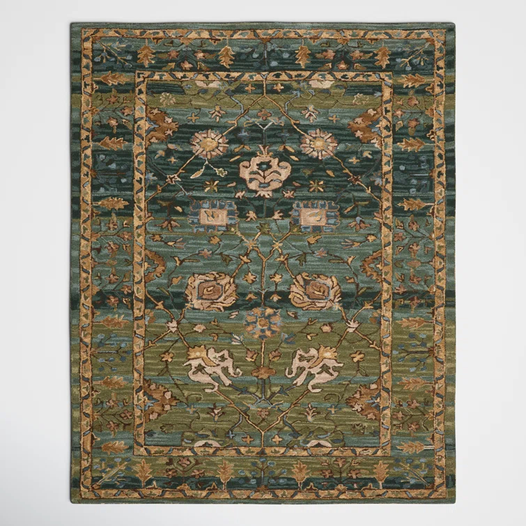 Corla Floral Handmade Tufted Wool Green/Tan/Blue Area Rug