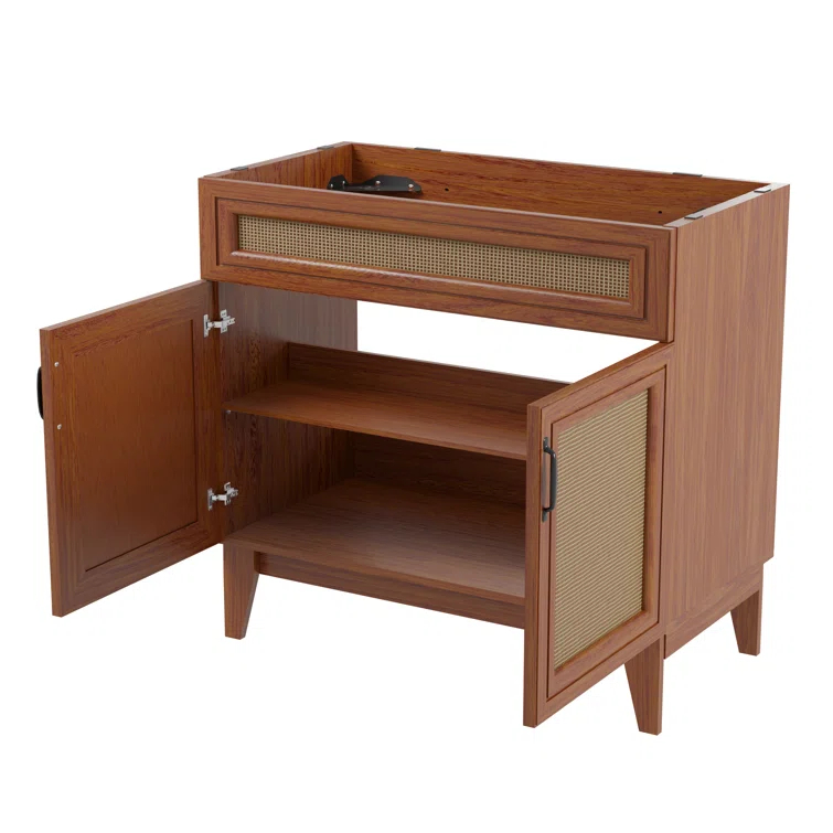 Javer 36" Rattan Modern Farmhouse 2-Shelf Bath Vanity Cabinet Only (Sink Basin not Included)