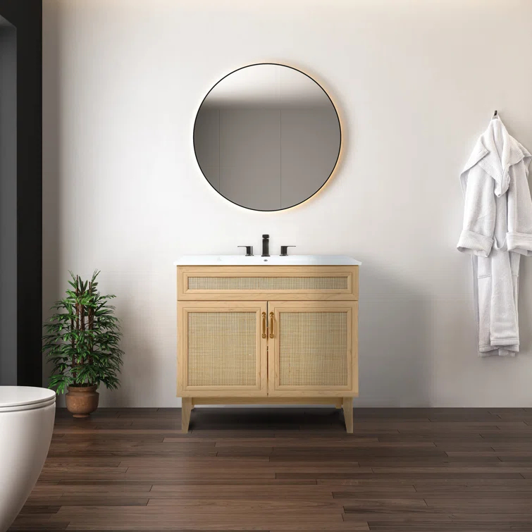 Javer 36" Rattan Modern Farmhouse 2-Shelf Bath Vanity Cabinet Only (Sink Basin not Included)