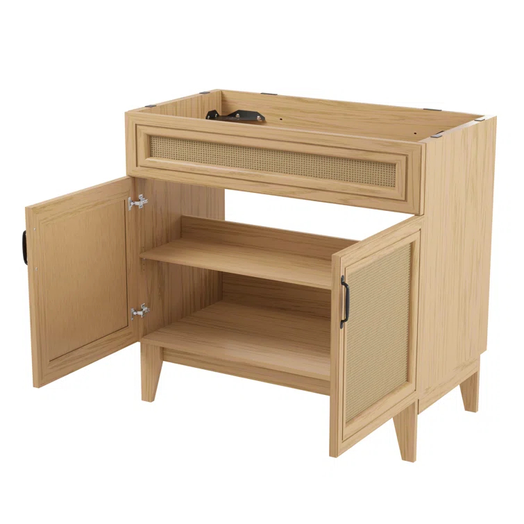 Javer 36" Rattan Modern Farmhouse 2-Shelf Bath Vanity Cabinet Only (Sink Basin not Included)