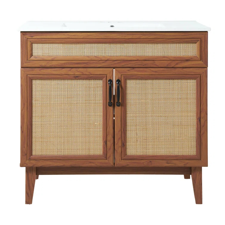 Javer 36" Rattan Modern Farmhouse 2-Shelf Bath Vanity Cabinet Only (Sink Basin not Included)