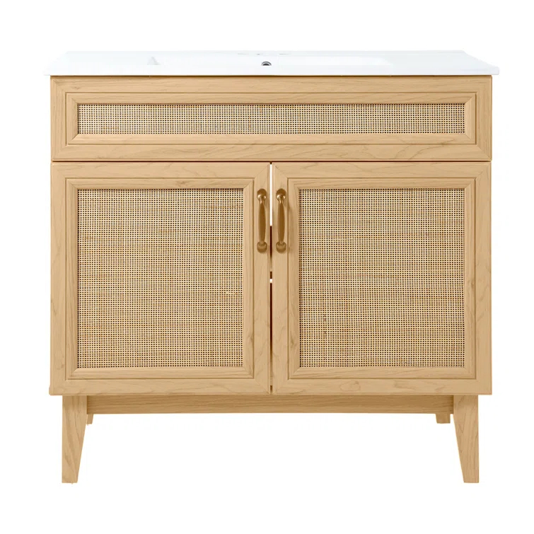 Javer 36" Rattan Modern Farmhouse 2-Shelf Bath Vanity Cabinet Only (Sink Basin not Included)