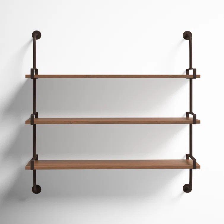 Wood 3 Level Wall Shelf with Black Metal Brackets