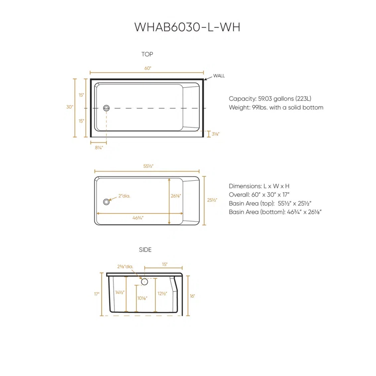 Whitehaus Collection 60" x 30" Alcove Soaking Bathtubs With Drain Hole Options