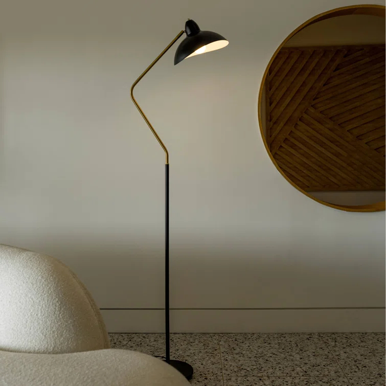 Brightech Swoop 69 in. Mid Century Modern Adjustable Curved Black Standing Lamp with Metal Bowl Shade and Gold Finish - LED Bulb Included