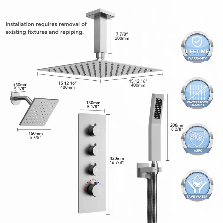 Thermostatic Shower Faucet System,16" & 6" Dual Shower Head with Rough-In Valve