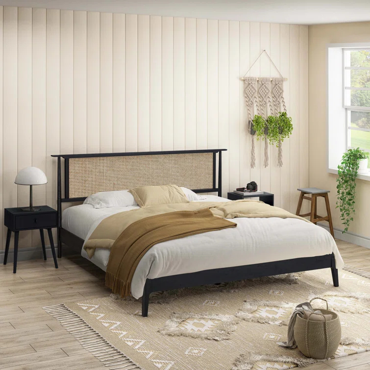 Ruby Wooden Bed Frame With Headboard And Natural Rattan, 1000 Lb Capacity