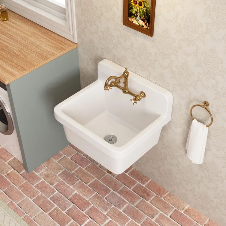 DeerValley 24"×19.7" Vitreous China Wall Mount Utility Sink Farm Style High Back Laundry Sink