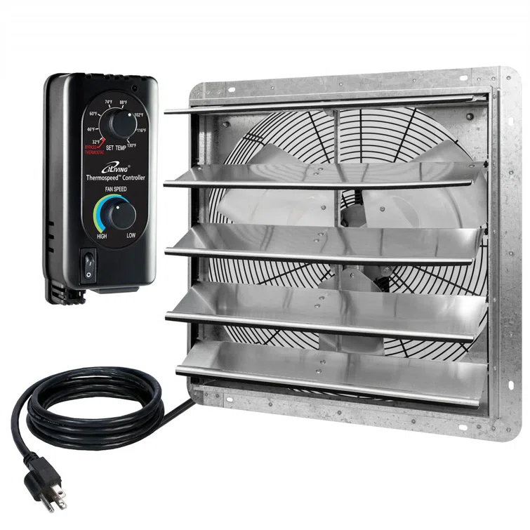 iLIVING ILG8SF20V-ST 20" Wall Mounted Shutter Exhaust Fan, Automatic Shutter, with Thermostat and Variable Speed controller, 2.2A, 3368 CFM, 5000 SQF Coverage Area Silver