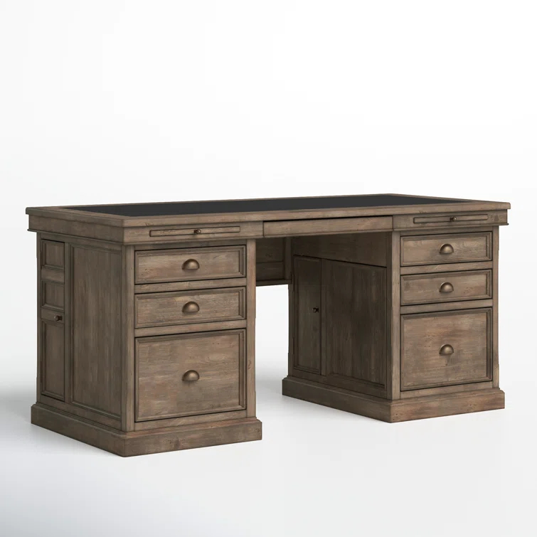 Brown Wood Executive Desk with Drawers and Filing Cabinet