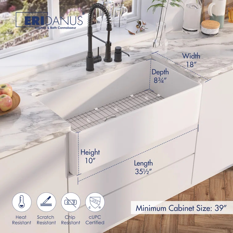 Denbigh 36'' W Farmhouse / Apron Single Bowl White Fireclay Kitchen Sink with Accessories