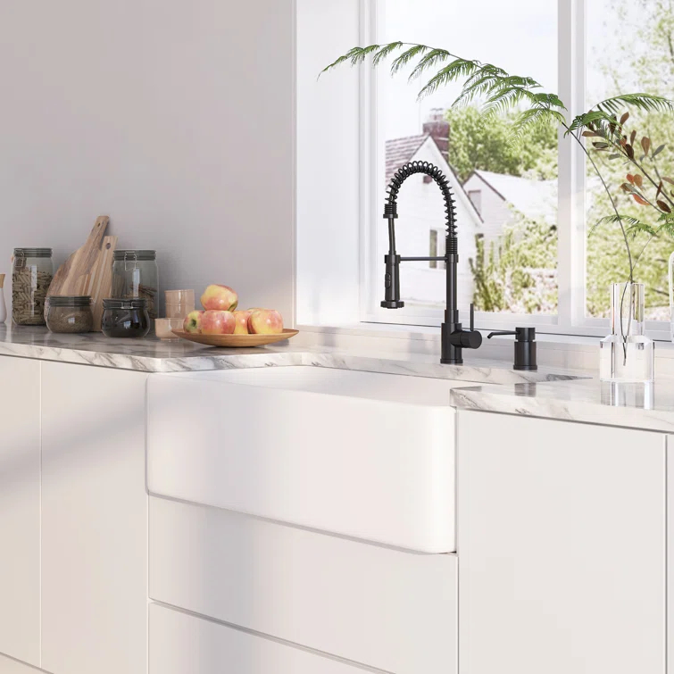 Denbigh 36'' W Farmhouse / Apron Single Bowl White Fireclay Kitchen Sink with Accessories