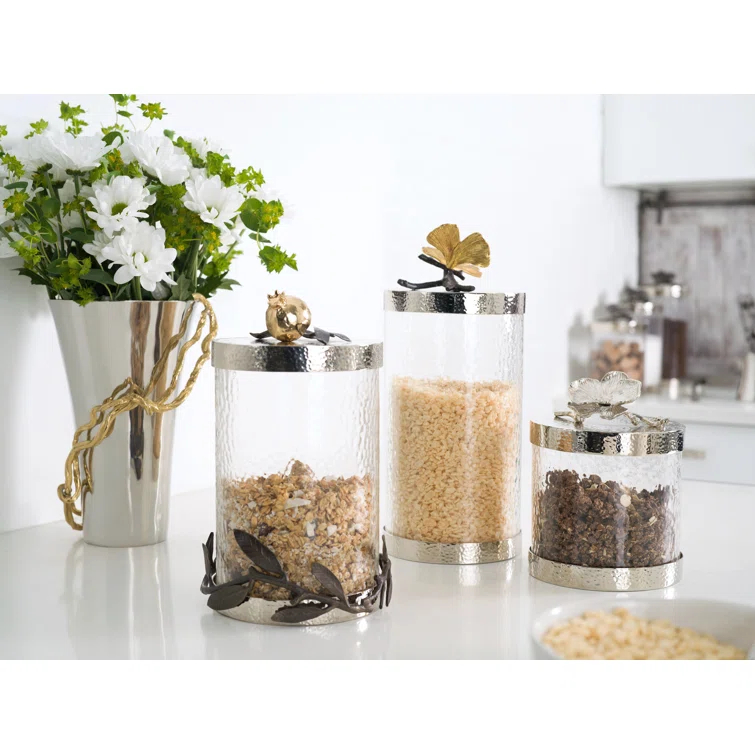 Butterfly Ginkgo Elegance 11.5" Glass Canister with Silver Lid
