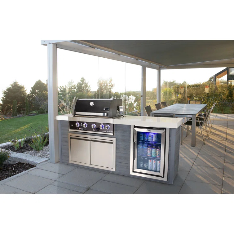 Mont Alpi MA400-AWBSS Artwood Series High Density Polyethylene 4-Burner 63000 BTU Propane Natural Gas Black Stainless Steel Outdoor Kitchen Island Grill + Granite Countertops + Double Access Doors + Refrigerator