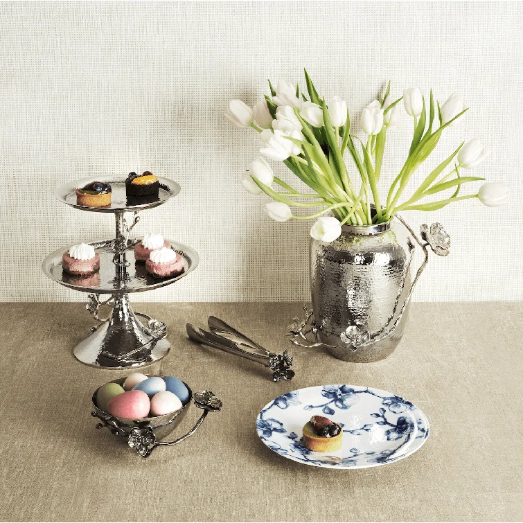 White Metal Orchid 2-Tier Round Etagere