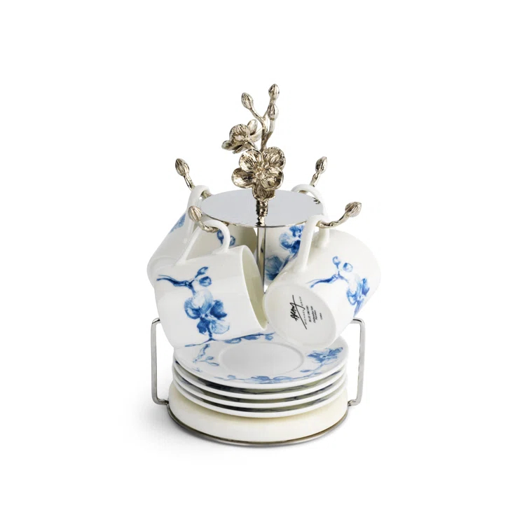 Blue Orchid Porcelain Demitasse Set with Stainless Steel Stand