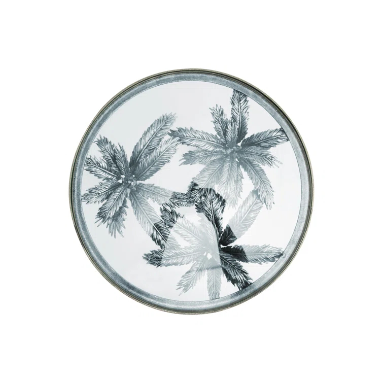Windswept Palm Round Silver Metal & Glass Side Table