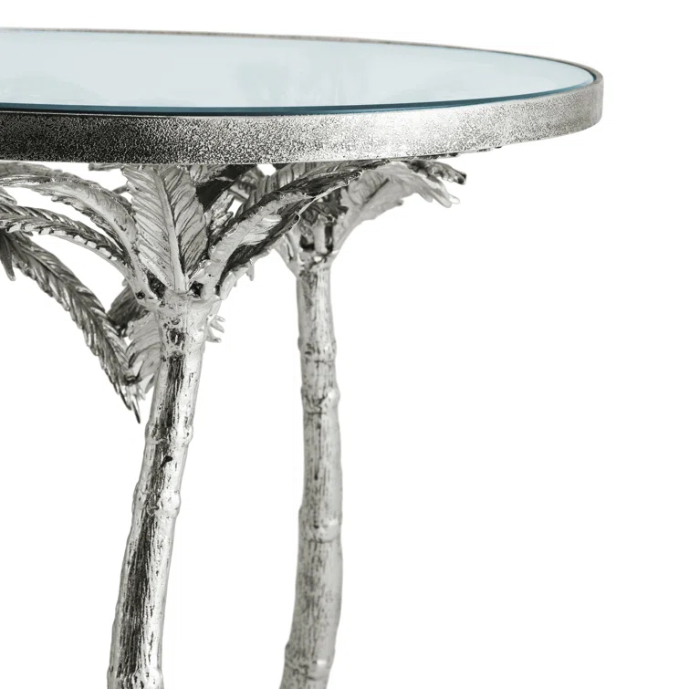 Windswept Palm Round Silver Metal & Glass Side Table