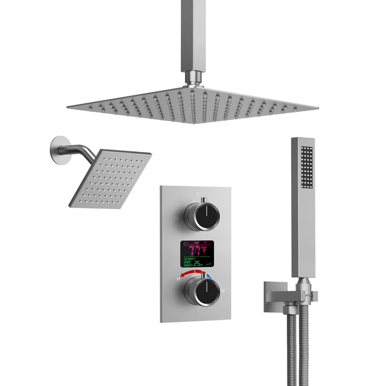 Pressure Balancing Shower Faucet 12" High-Pressure Dual Showerheads with LCD Display