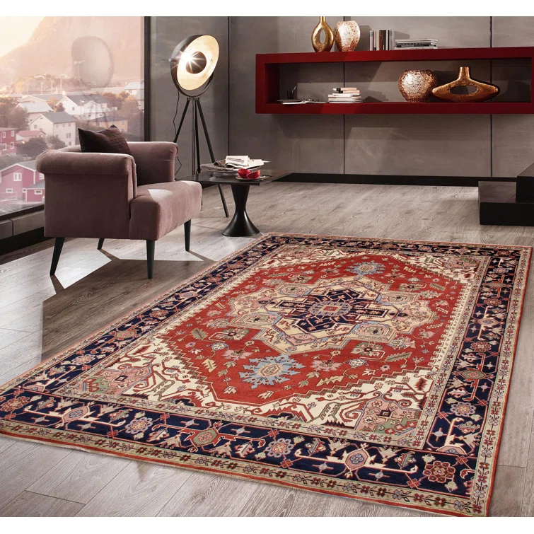 Serapi Hand-Knotted Wool Oriental Area Rug in Red/Navy/Cream