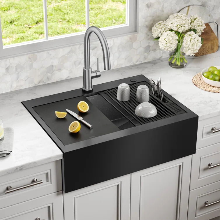 Delta Rivet™ Black Stainless Steel Retrofit Farmhouse Apron Front 16 Gauge Workstation Kitchen Sink Single Bowl