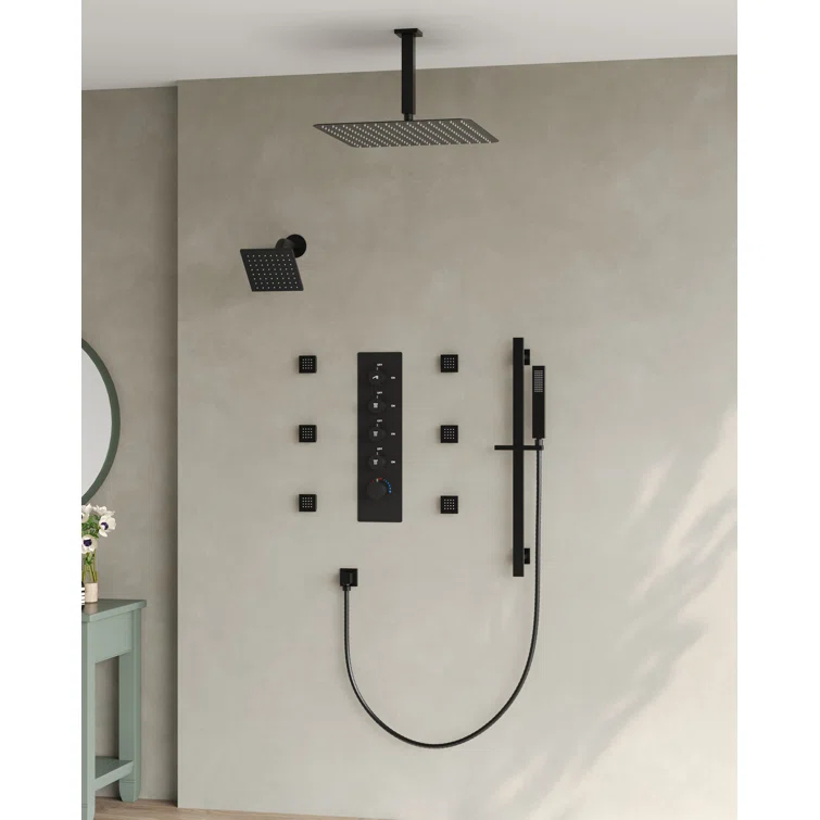 DualJetSpa 15-Spray Patterns 16" & 6" Dual Shower Head, Shower FaucetSystem with Thermostatic Rough-in Valve and Body Jets