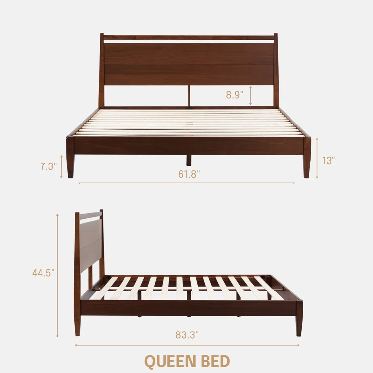 NTC Adept Solid Wood Bed Frame with Headboard and Silent Slats, 1000 Lb Capacity Bed Frame