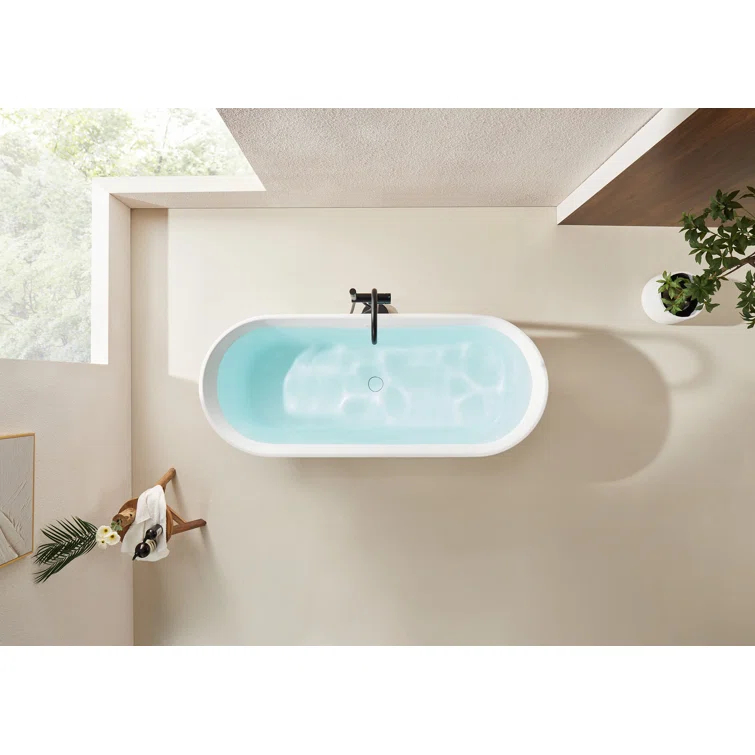 59" x 27.5" Freestanding Soaking Stone Resin Bathtub with Pure White Overflow and Pop Up Drain