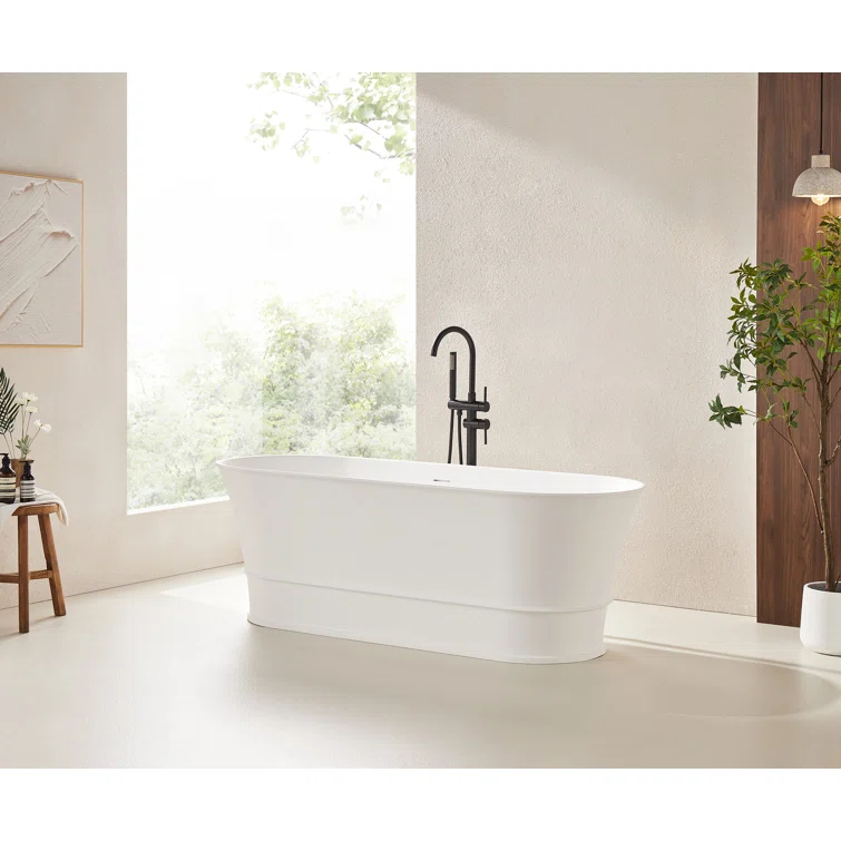 59" x 27.5" Freestanding Soaking Stone Resin Bathtub with Pure White Overflow and Pop Up Drain