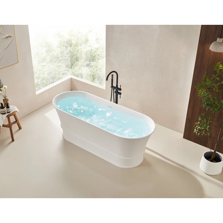 59" x 27.5" Freestanding Soaking Stone Resin Bathtub with Pure White Overflow and Pop Up Drain