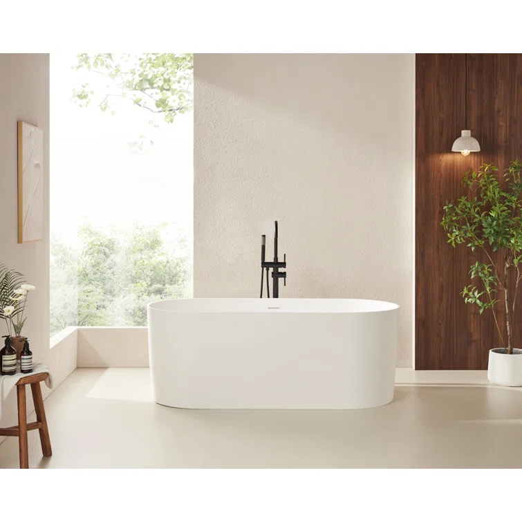 59" x 29.5" Freestanding Soaking Stone Resin Bathtub with Pure White Overflow and Pop Up Drain