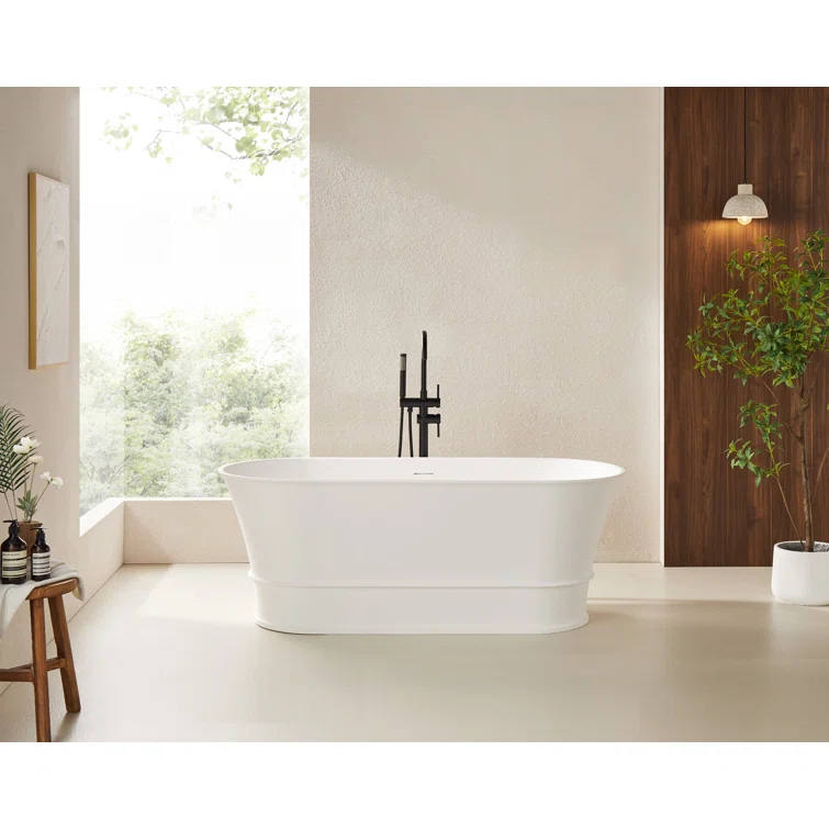 59" x 27.5" Freestanding Soaking Stone Resin Bathtub with Pure White Overflow and Pop Up Drain