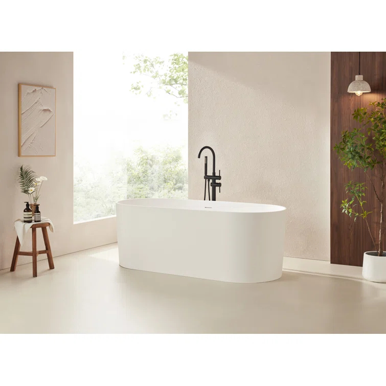 59" x 29.5" Freestanding Soaking Stone Resin Bathtub with Pure White Overflow and Pop Up Drain
