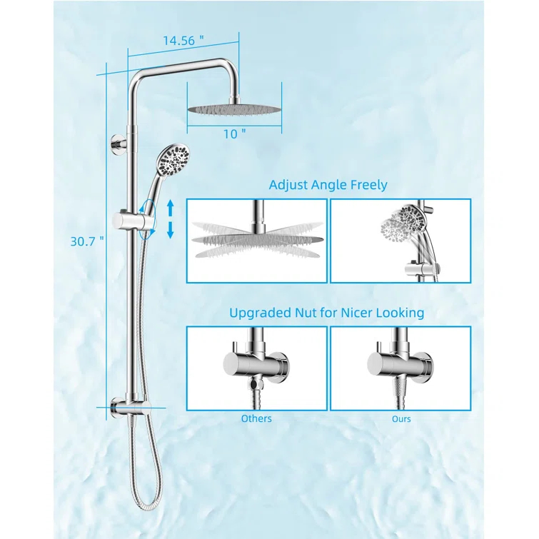All Metal High Pressure Rainfall Shower Head System, Handheld Shower Combo with Slide Bar