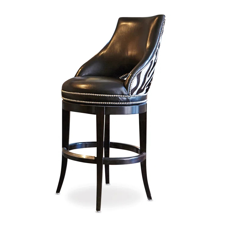 Black Leather Swivel Counter Stool with Wood Frame