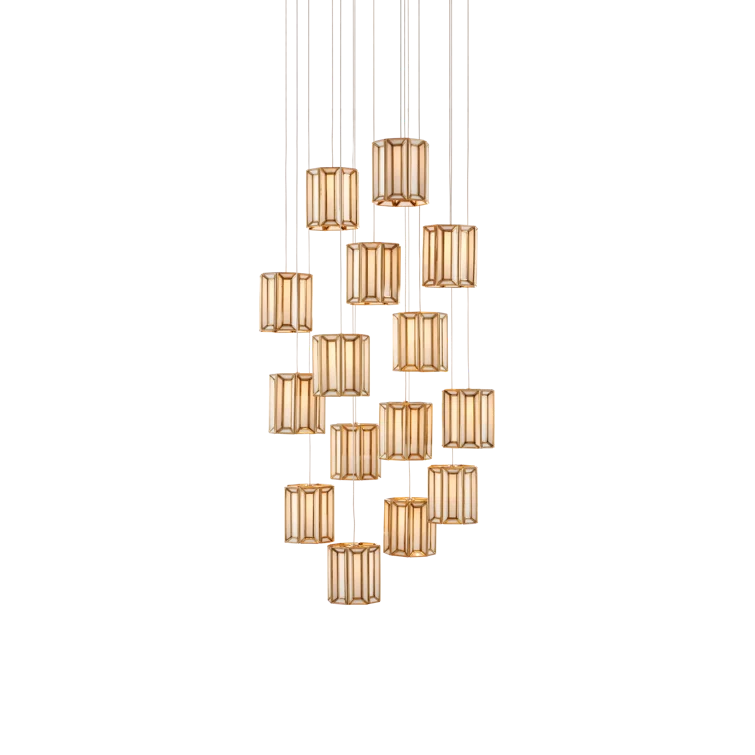 Antique Brass and Frosted Glass 15-Light Pendant