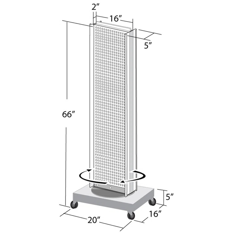 Two-Sided Pegboard Floor Display on Revolving Wheeled Base. Spinner Rack Stand. Panel Size: 16"W x 60"H