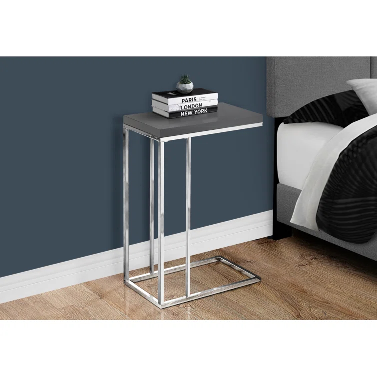 Mickael Accent Table C-shaped, End, Side, Snack, Living Room, Bedroom, Metal, Laminate, Glossy Grey, Chrome