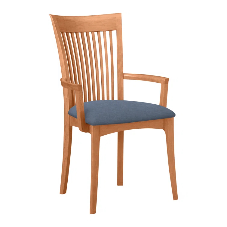 Modern Cherry Wood Slat Arm Chair with White Leather Upholstery