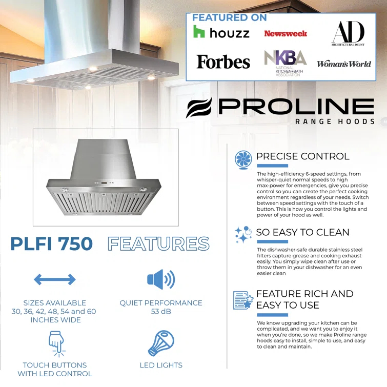 PROLINE 36" 1100 CFM Ducted Island Range Hood in Brushed Stainless Steel