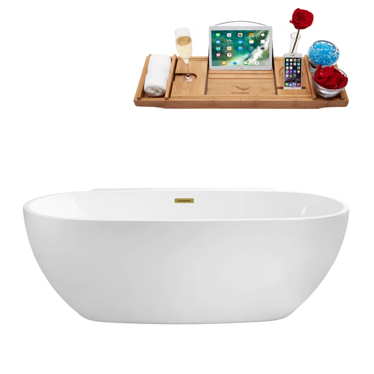 59" Streamline Freestanding Soaking Acrylic Bathtub With Drain and Bamboo Tray
