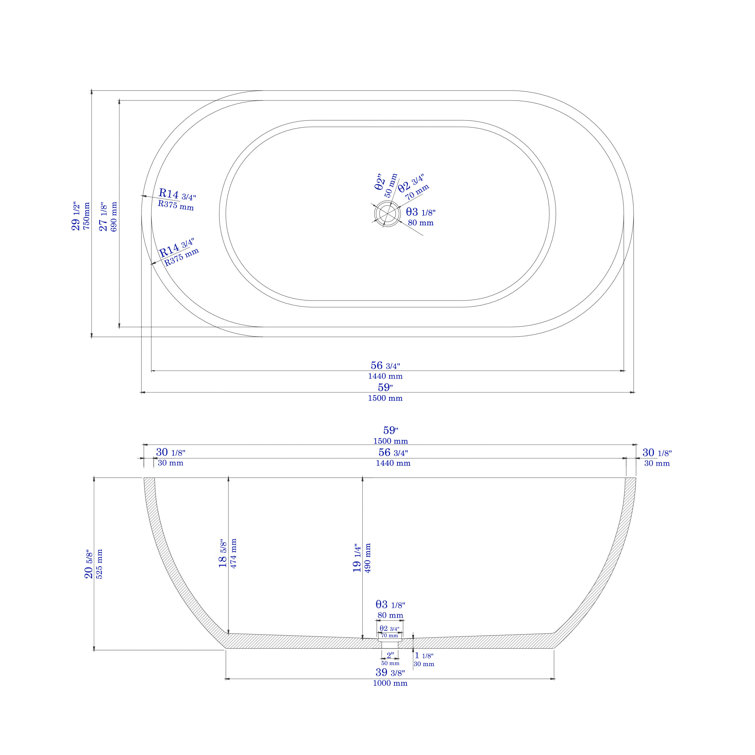 59'' x 29.5'' Soaking Stone Bathtub