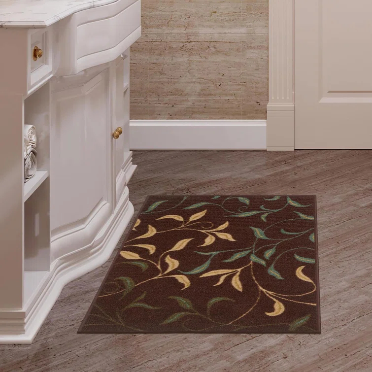 Ottohome Non-Slip Leaves Area Rug For Living Room, Hallway Runner, Entryway Rug, Brown