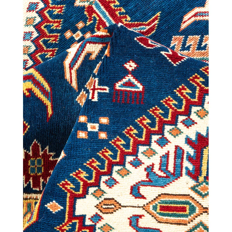 One of a Kind Hand Made Tribal Tribal Wool Area Rug Blue 5 X 7
