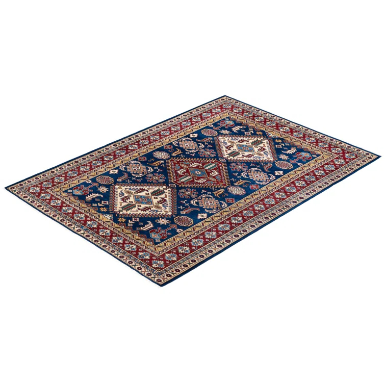 One of a Kind Hand Made Tribal Tribal Wool Area Rug Blue 5 X 7