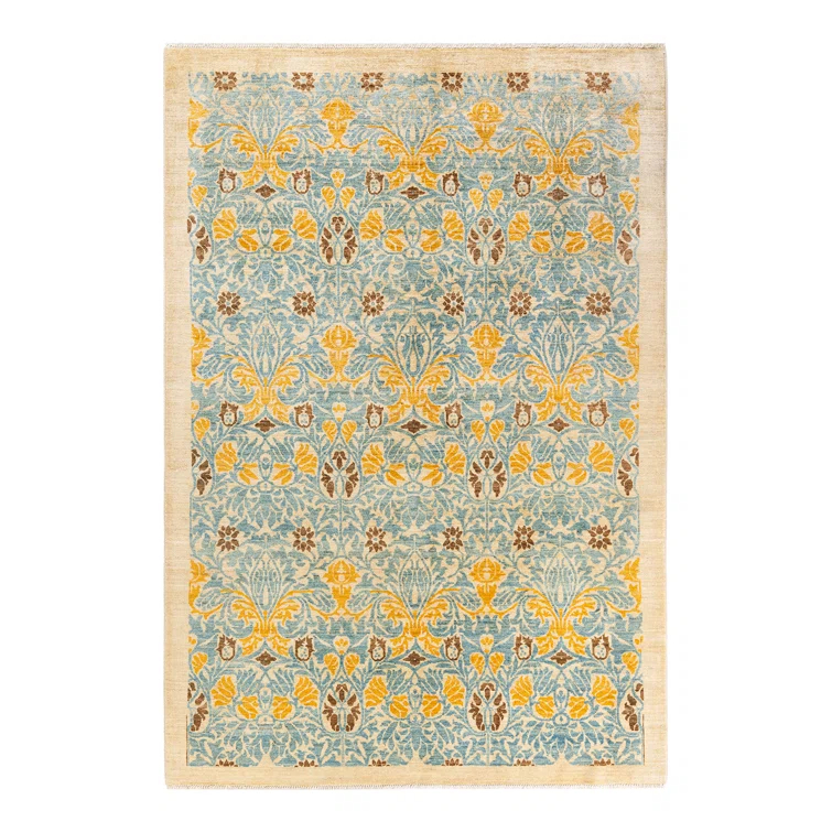 Ivory Floral Motif Hand-Knotted Wool Area Rug 8' x 10'