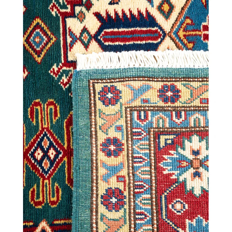 One of a Kind Hand Made Tribal Tribal Wool Area Rug Green 5 x 8